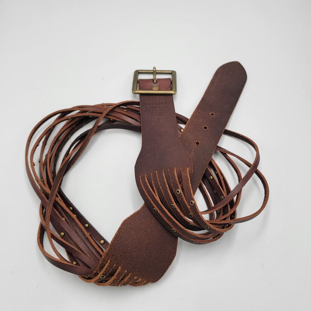Linea Pelle Brown Boho Leather Multi-Strap Belt With Brass Rivet Accents Adjusta - Picture 3 of 12